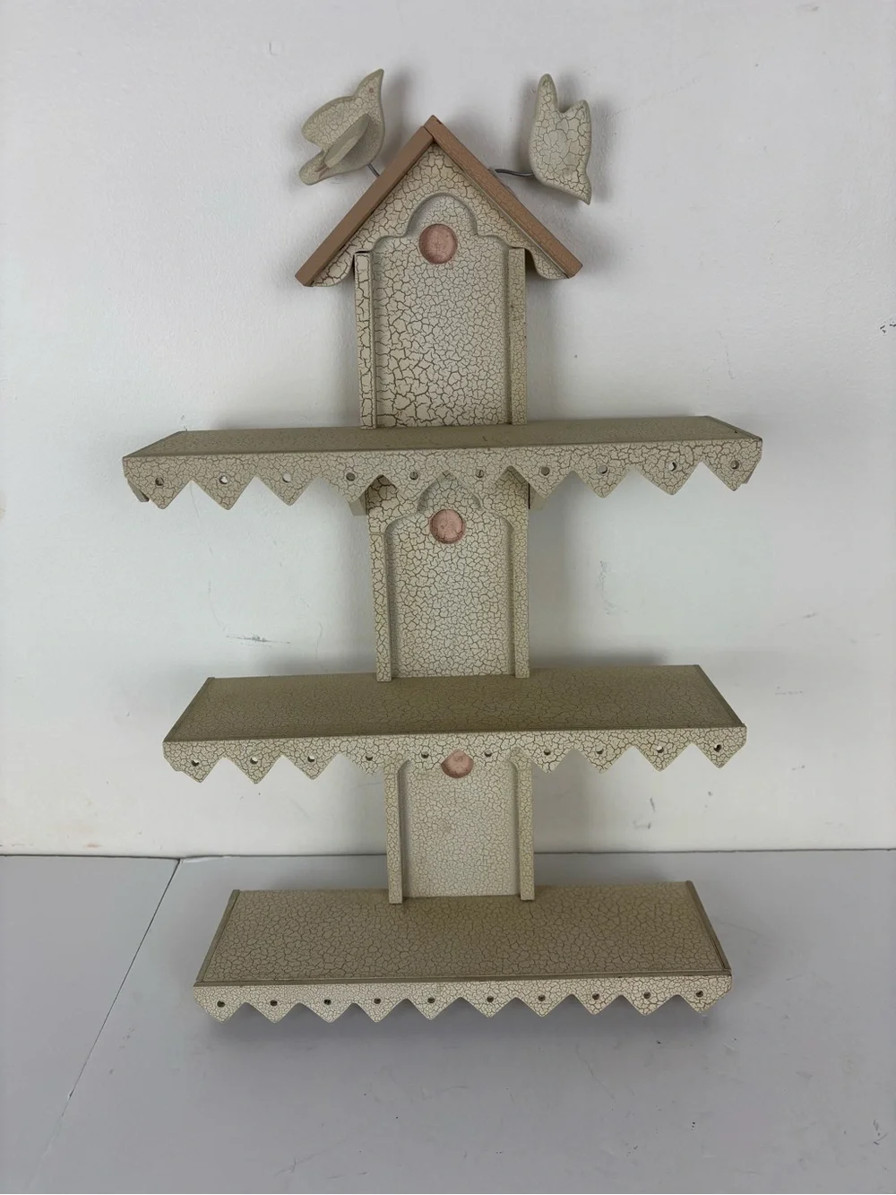 Wooden Crackle Cream Birdhouse/ Tiered Wall Shelf